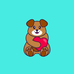 Cute dog holding a big red heart. Animal cartoon concept isolated. Can used for t-shirt, greeting card, invitation card or mascot. Flat Cartoon Style