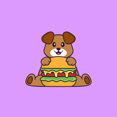 Cute dog eating burger. Animal cartoon concept isolated. Can used for t-shirt, greeting card, invitation card or mascot. Flat Cartoon Style