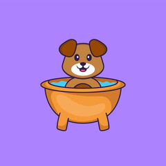 Cute dog taking a bath in the bathtub. Animal cartoon concept isolated. Can used for t-shirt, greeting card, invitation card or mascot. Flat Cartoon Style