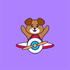 Cute dog flying on a plane. Animal cartoon concept isolated. Can used for t-shirt, greeting card, invitation card or mascot. Flat Cartoon Style