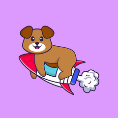 Cute dog flying on rocket. Animal cartoon concept isolated. Can used for t-shirt, greeting card, invitation card or mascot. Flat Cartoon Style