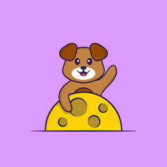 Cute dog is on the moon. Animal cartoon concept isolated. Can used for t-shirt, greeting card, invitation card or mascot. Flat Cartoon Style