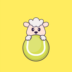 Cute sheep playing tennis. Animal cartoon concept isolated. Can used for t-shirt, greeting card, invitation card or mascot. Flat Cartoon Style