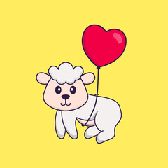 Cute sheep flying with love shaped balloons. Animal cartoon concept isolated. Can used for t-shirt, greeting card, invitation card or mascot. Flat Cartoon Style