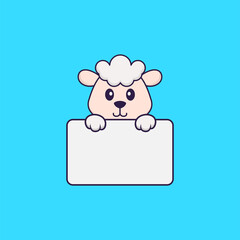 Cute sheep holding whiteboard. Animal cartoon concept isolated. Can used for t-shirt, greeting card, invitation card or mascot. Flat Cartoon Style