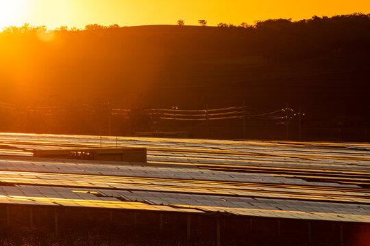 Solar farm panels reflecting the sunset colours