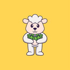Cute sheep holding money. Animal cartoon concept isolated. Can used for t-shirt, greeting card, invitation card or mascot. Flat Cartoon Style