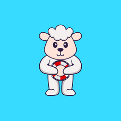 Cute sheep holding a buoy. Animal cartoon concept isolated. Can used for t-shirt, greeting card, invitation card or mascot. Flat Cartoon Style