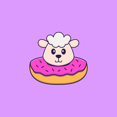 Cute sheep with a donut on his neck. Animal cartoon concept isolated. Can used for t-shirt, greeting card, invitation card or mascot. Flat Cartoon Style