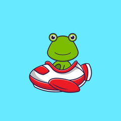 Cute frog flying on a plane. Animal cartoon concept isolated. Can used for t-shirt, greeting card, invitation card or mascot. Flat Cartoon Style