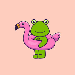 Cute frog With flamingo buoy. Animal cartoon concept isolated. Can used for t-shirt, greeting card, invitation card or mascot. Flat Cartoon Style