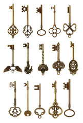 old brass key against a white background