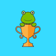 Cute frog with gold trophy. Animal cartoon concept isolated. Can used for t-shirt, greeting card, invitation card or mascot. Flat Cartoon Style