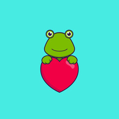 Cute frog holding a big red heart. Animal cartoon concept isolated. Can used for t-shirt, greeting card, invitation card or mascot. Flat Cartoon Style