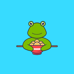 Cute frog eating ramen noodles. Animal cartoon concept isolated. Can used for t-shirt, greeting card, invitation card or mascot. Flat Cartoon Style