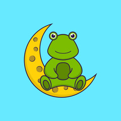 Cute frog is sitting on the moon. Animal cartoon concept isolated. Can used for t-shirt, greeting card, invitation card or mascot. Flat Cartoon Style
