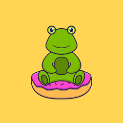 Cute frog is sitting on donuts. Animal cartoon concept isolated. Can used for t-shirt, greeting card, invitation card or mascot. Flat Cartoon Style