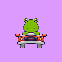 Cute frog is driving. Animal cartoon concept isolated. Can used for t-shirt, greeting card, invitation card or mascot. Flat Cartoon Style