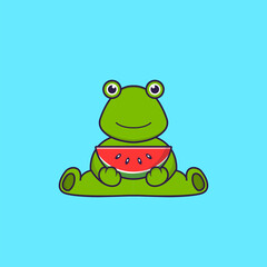 Cute frog eating watermelon. Animal cartoon concept isolated. Can used for t-shirt, greeting card, invitation card or mascot. Flat Cartoon Style