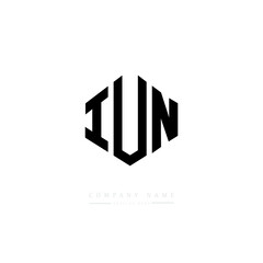 IUN letter logo design with polygon shape. IUN polygon logo monogram. IUN cube logo design. IUN hexagon vector logo template white and black colors. IUN monogram. IUN business and real estate logo. 