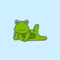Cute frog lying down. Animal cartoon concept isolated. Can used for t-shirt, greeting card, invitation card or mascot. Flat Cartoon Style