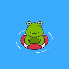 Cute frog is Swimming with a buoy. Animal cartoon concept isolated. Can used for t-shirt, greeting card, invitation card or mascot. Flat Cartoon Style
