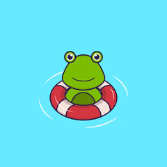 Cute frog is Swimming with a buoy. Animal cartoon concept isolated. Can used for t-shirt, greeting card, invitation card or mascot. Flat Cartoon Style