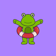 Cute frog using a float. Animal cartoon concept isolated. Can used for t-shirt, greeting card, invitation card or mascot. Flat Cartoon Style