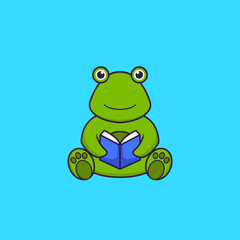 Cute frog reading a book. Animal cartoon concept isolated. Can used for t-shirt, greeting card, invitation card or mascot. Flat Cartoon Style