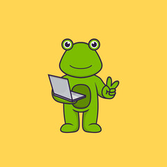 Cute frog holding laptop. Animal cartoon concept isolated. Can used for t-shirt, greeting card, invitation card or mascot. Flat Cartoon Style