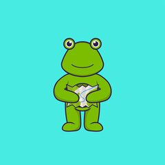 Cute frog holding a map. Animal cartoon concept isolated. Can used for t-shirt, greeting card, invitation card or mascot. Flat Cartoon Style