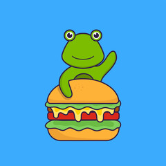Cute frog eating burger. Animal cartoon concept isolated. Can used for t-shirt, greeting card, invitation card or mascot. Flat Cartoon Style