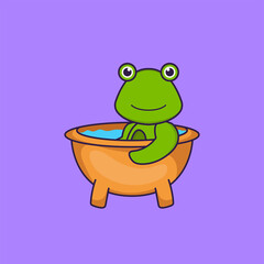 Cute frog taking a bath in the bathtub. Animal cartoon concept isolated. Can used for t-shirt, greeting card, invitation card or mascot. Flat Cartoon Style