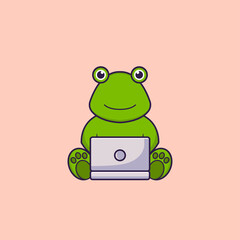 Cute frog using laptop. Animal cartoon concept isolated. Can used for t-shirt, greeting card, invitation card or mascot. Flat Cartoon Style