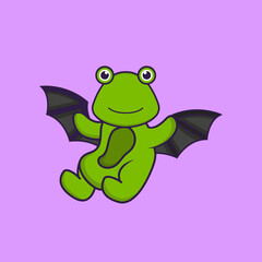 Cute frog is flying with wings. Animal cartoon concept isolated. Can used for t-shirt, greeting card, invitation card or mascot. Flat Cartoon Style