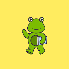 Cute frog holding a book. Animal cartoon concept isolated. Can used for t-shirt, greeting card, invitation card or mascot. Flat Cartoon Style