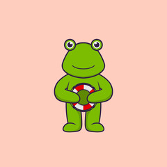Cute frog holding a buoy. Animal cartoon concept isolated. Can used for t-shirt, greeting card, invitation card or mascot. Flat Cartoon Style