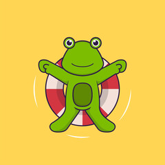 Cute frog is Swimming with a buoy. Animal cartoon concept isolated. Can used for t-shirt, greeting card, invitation card or mascot. Flat Cartoon Style