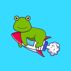 Cute frog flying on rocket. Animal cartoon concept isolated. Can used for t-shirt, greeting card, invitation card or mascot. Flat Cartoon Style