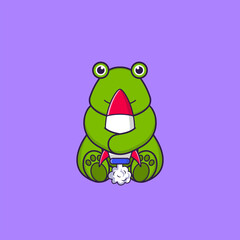 Cute frog holding a rocket. Animal cartoon concept isolated. Can used for t-shirt, greeting card, invitation card or mascot. Flat Cartoon Style