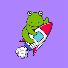 Cute frog flying on rocket. Animal cartoon concept isolated. Can used for t-shirt, greeting card, invitation card or mascot. Flat Cartoon Style