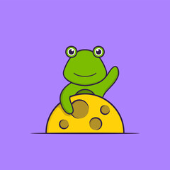 Cute frog is on the moon. Animal cartoon concept isolated. Can used for t-shirt, greeting card, invitation card or mascot. Flat Cartoon Style