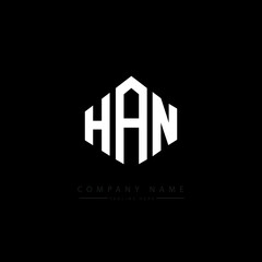 HAN letter logo design with polygon shape. HAN polygon logo monogram. HAN cube logo design. HAN hexagon vector logo template white and black colors. HAN monogram. HAN business and real estate logo. 