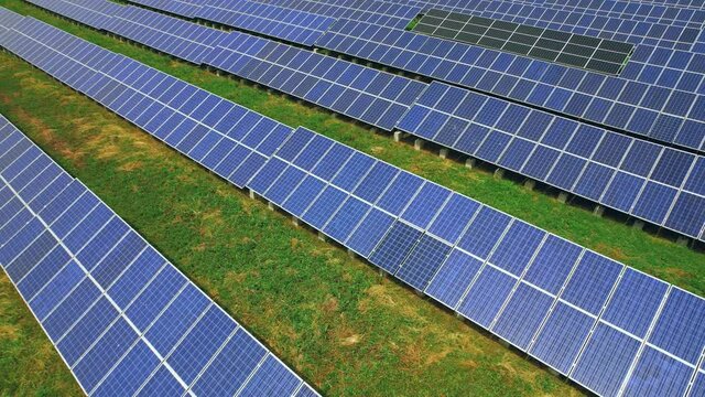 Solar power generation technology. Solar battery panel modules. Concept of renewable sun energy, future technology.