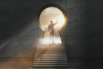 Opportunity of businessman standing on staircase to looking keyhole door with sun light,leader...