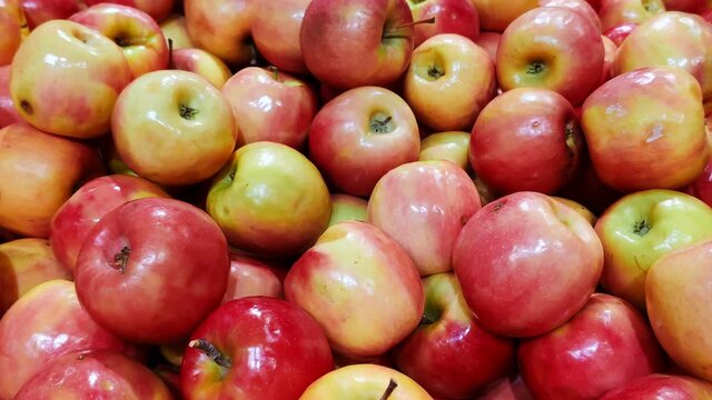 Stack of apples in grocery store. Industry of selling products