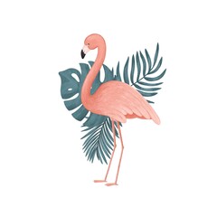 pink flamingo with tropical leaves. summer illustration isolated on white background.