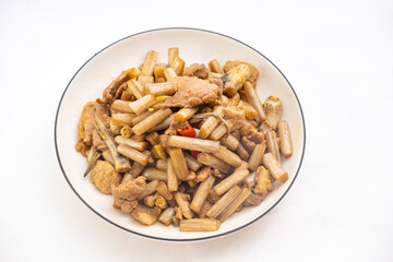 Homely fried sliced pork with fresh lotus root tip