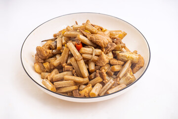 Homely fried sliced pork with fresh lotus root tip