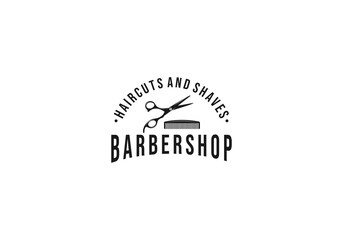 barbershop logo with scissors and comb on white background